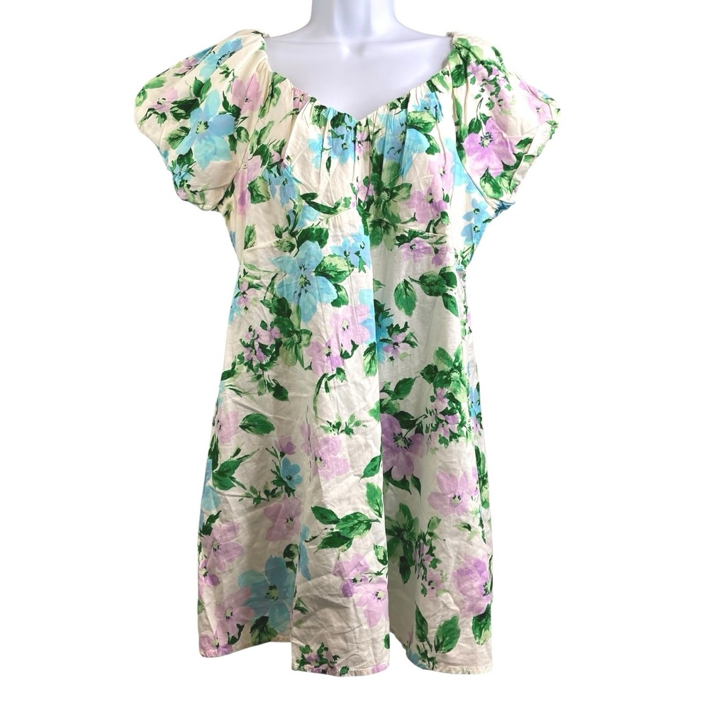 NWT OLD NAVY Women White Floral Smocked Puff Sleeve Babydoll Dress Sz L Petite